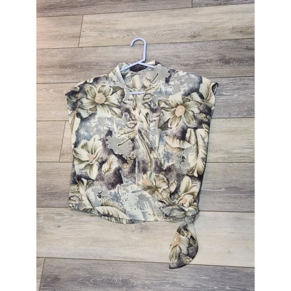 Vintage Floral V-Neck Side Tie Wrap Blouse Sage Green Cream Sleeveless Top
